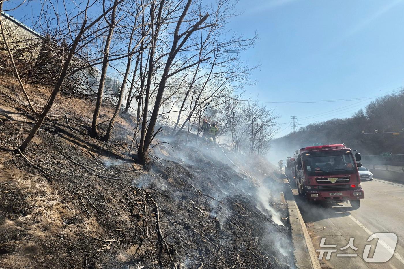 13일 오전 11시33분쯤 경북 포항시 남구 영일만국도대체도로 남구 오천읍 방향 비탈면에서 불이 나 119대원들이 진화작업을 벌이고 있다. (독자제공, 재판매 및 DB금지0 2026.1.13/뉴스1 