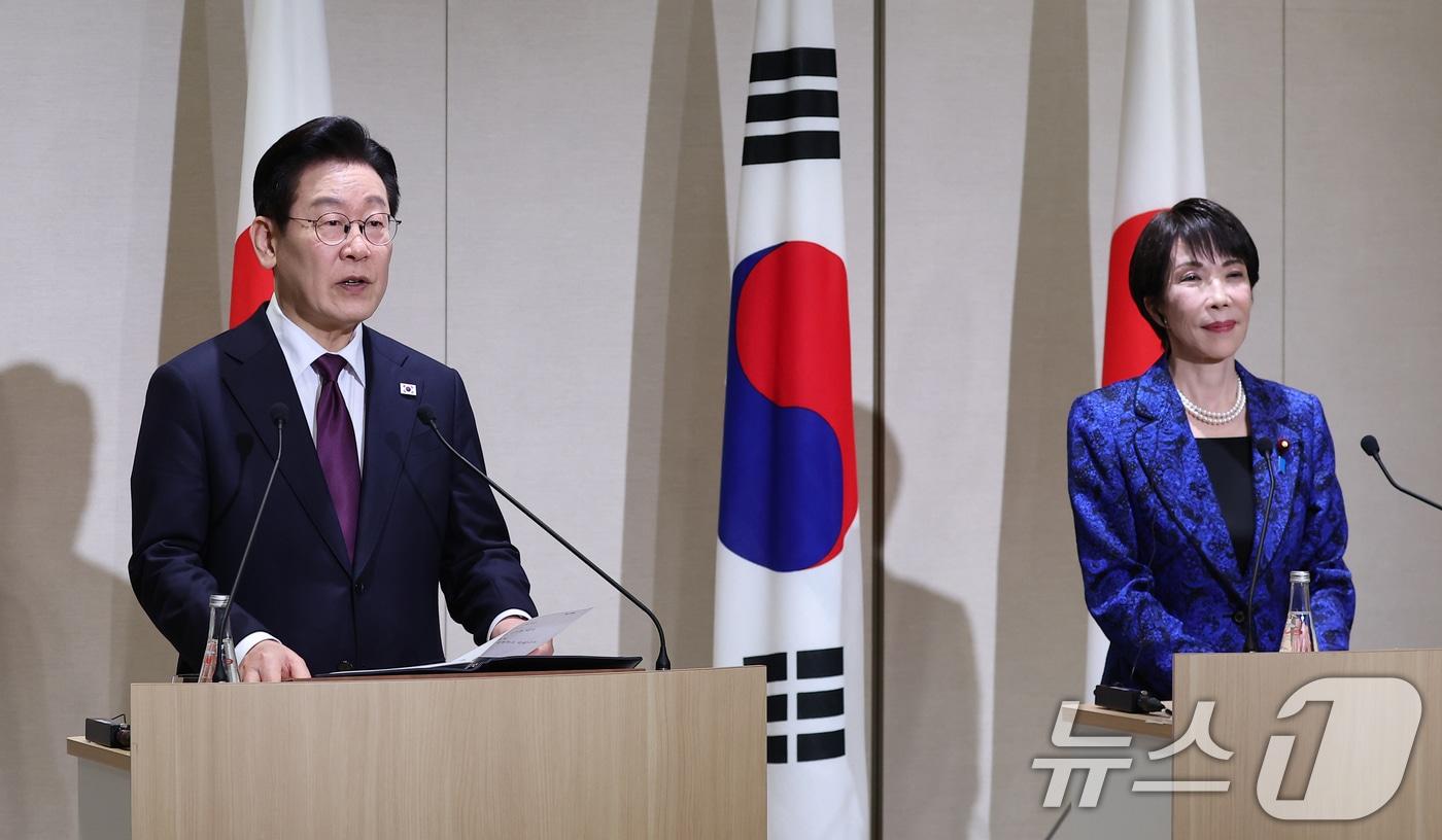 이재명 대통령이 13일 일본 나라현 회담장에서 다카이치 사나에 일본 총리와 공동언론발표를 하고 있다. 2026.1.13/뉴스1 ⓒ News1 이재명 기자