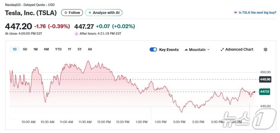 본문 이미지 - 테슬라 일일 주가추이 - 야후 파이낸스 갈무리