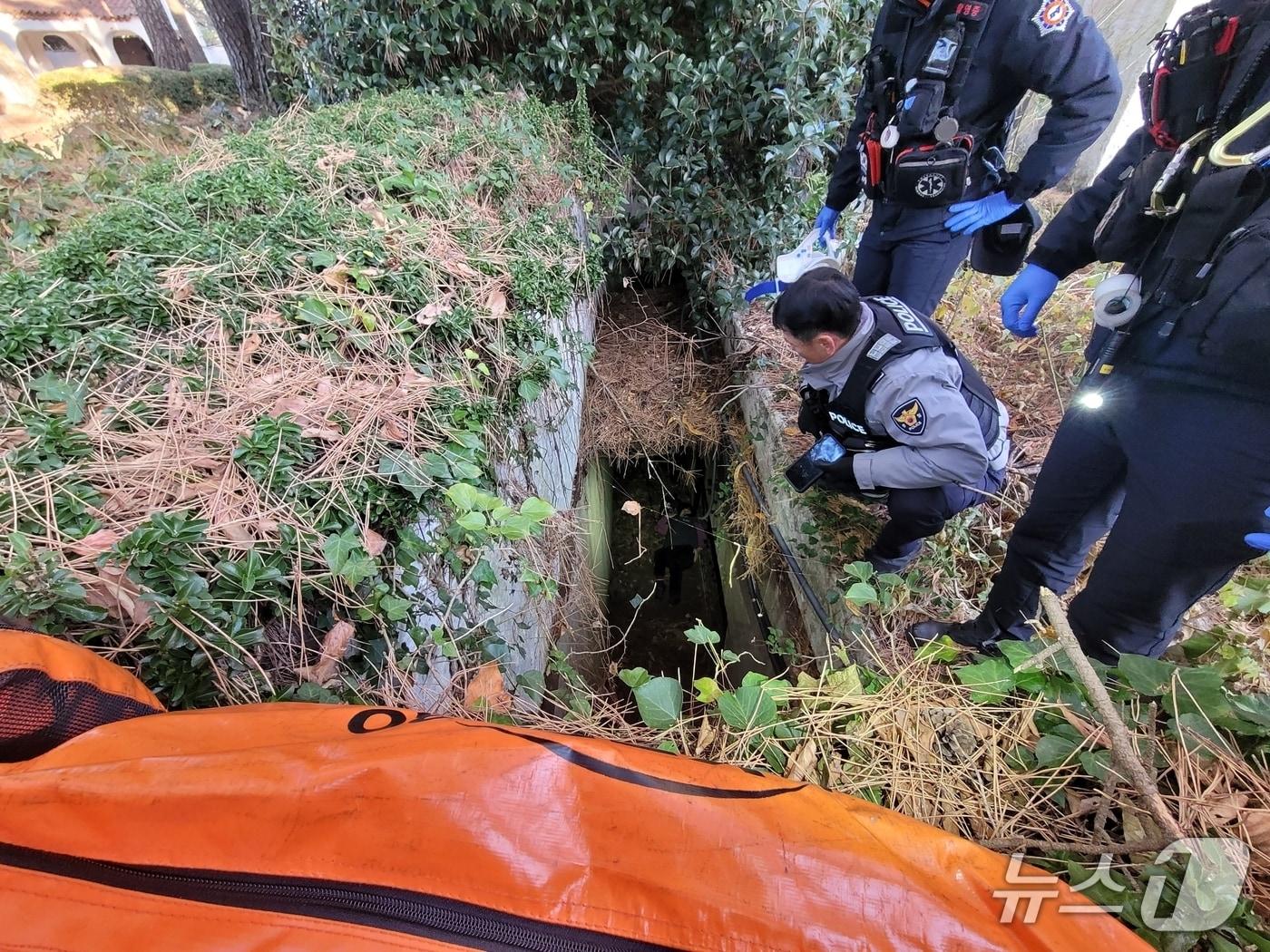 본문 이미지 - 지난 13일 서귀포시에서 치매 노인이 수풀 사이 5m 높이 배수로 아래로 추락해 구조작업이 벌어지고 있다.(제주경찰청 제공. 재판매 및 DB 금지)