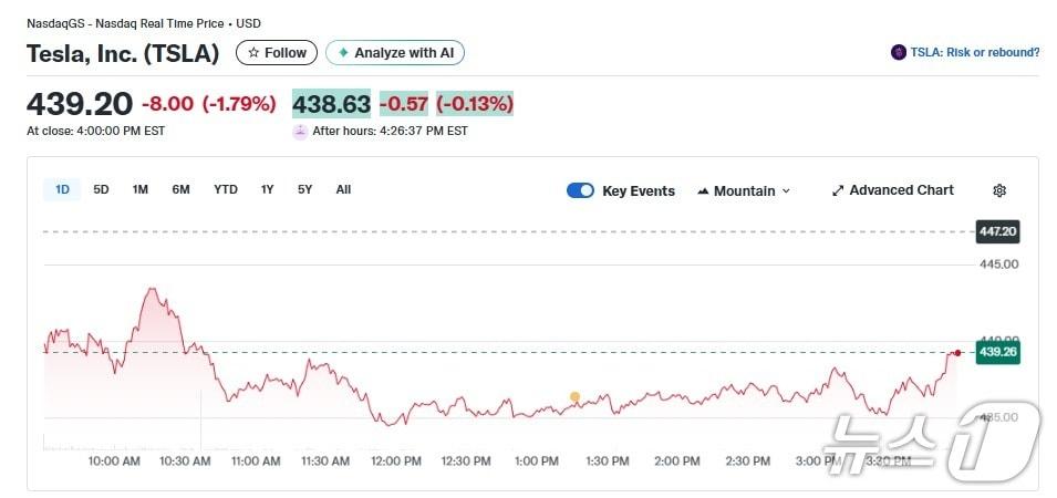 본문 이미지 - 테슬라 일일 주가추이 - 야후 파이낸스 갈무리