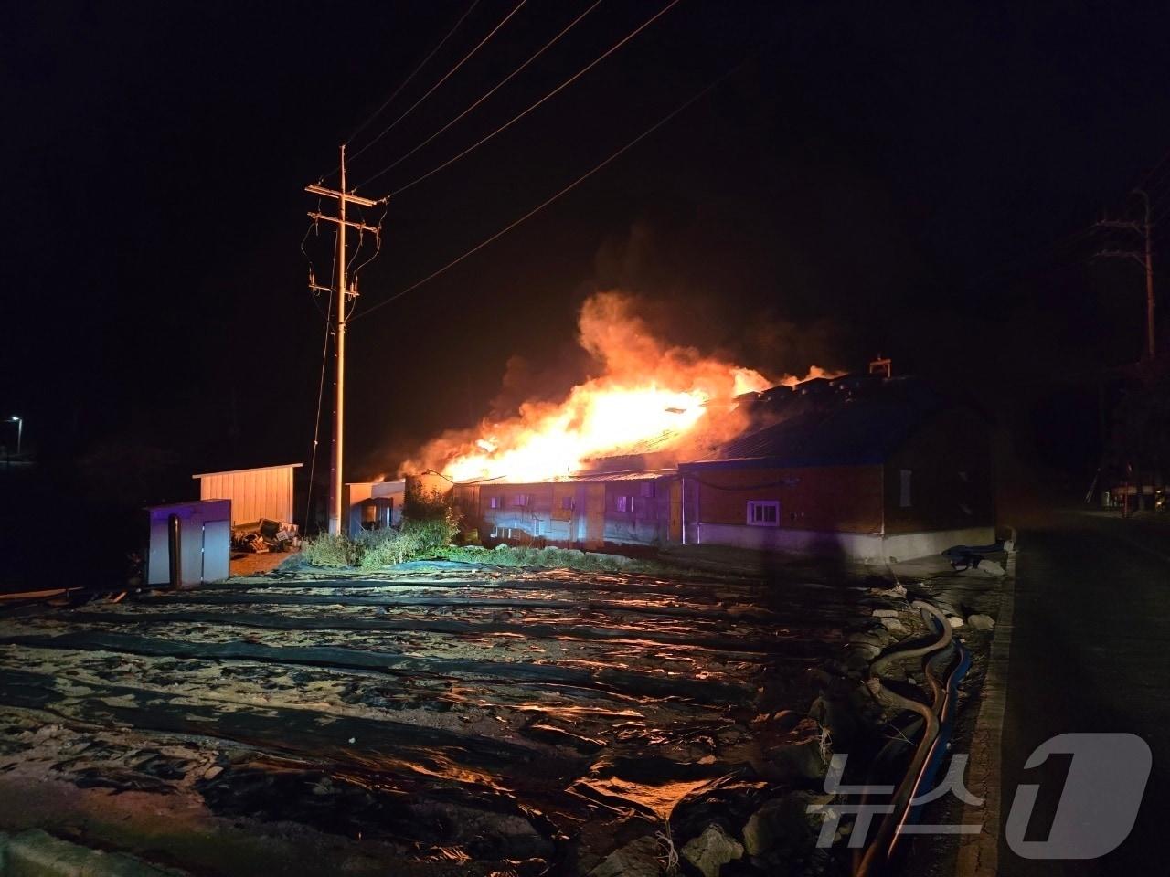 본문 이미지 - 15일 전남 완도 소안면의 김 건조공장에서 난 화재.(전남소방본부 제공. 재배포 및 DB 금지)