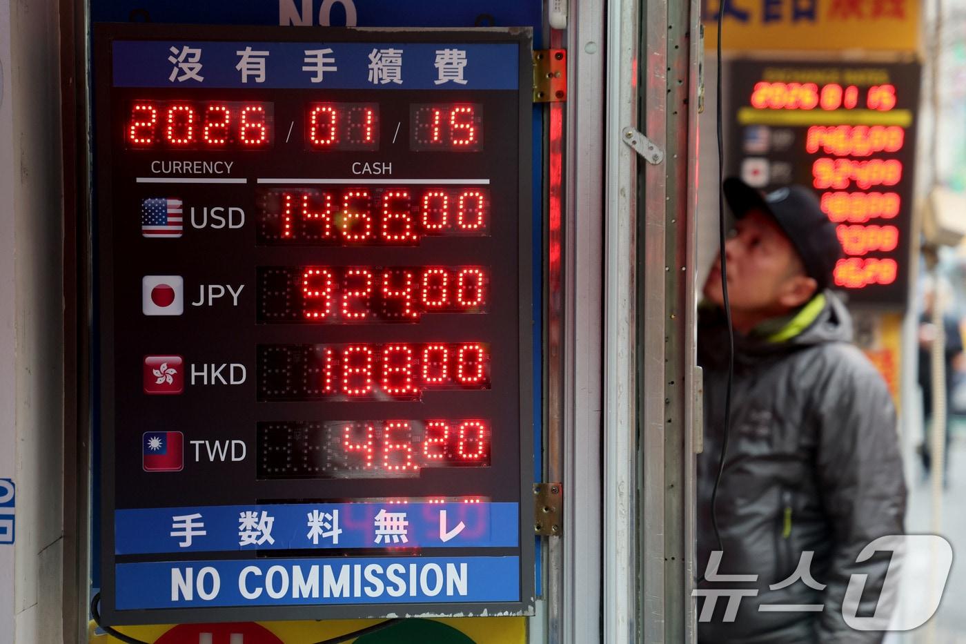 본문 이미지 - 15일 오전 서울 중구 명동 환전소 전광판에 환율 시세가 나오고 있다. 연일 고점을 높이며 1480원 선에 근접했던 원·달러 환율은 스콧 베선트 미국 재무장관의 이례적인 구두 개입에 1460원선으로 후퇴했다. 2026.1.15/뉴스1 ⓒ News1 이광호 기자