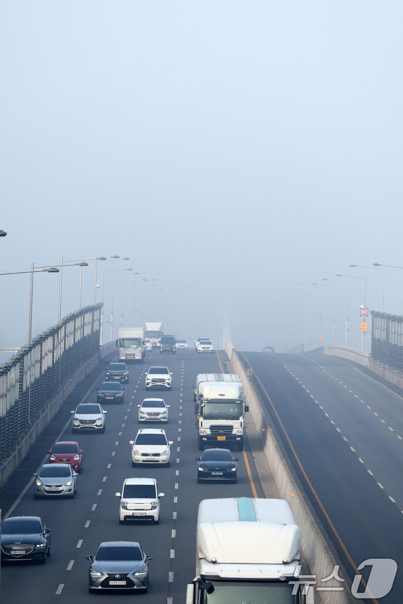 본문 이미지 - 짙은 안개가 낀 16일 오전 광주 서구 무진대로 일대에서 차량들이 서행하고 있다. 2026.1.16 ⓒ 뉴스1 이승현 기자