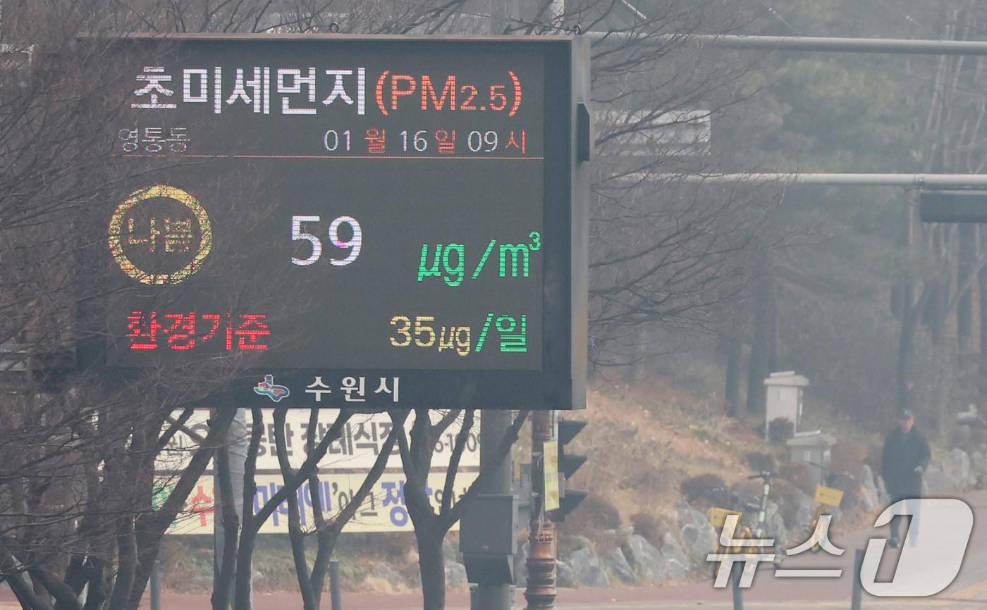 본문 이미지 - 전국 곳곳이 짙은 안개와 먼지가 뒤엉키면서 초미세먼지농도가 '나쁨' 수준을 보인 16일 경기 수원시 영통구 일대가 안개와 미세먼지로 인해 뿌연 모습을 보이고 있다. 2026.1.16/뉴스1 ⓒ News1 김영운 기자