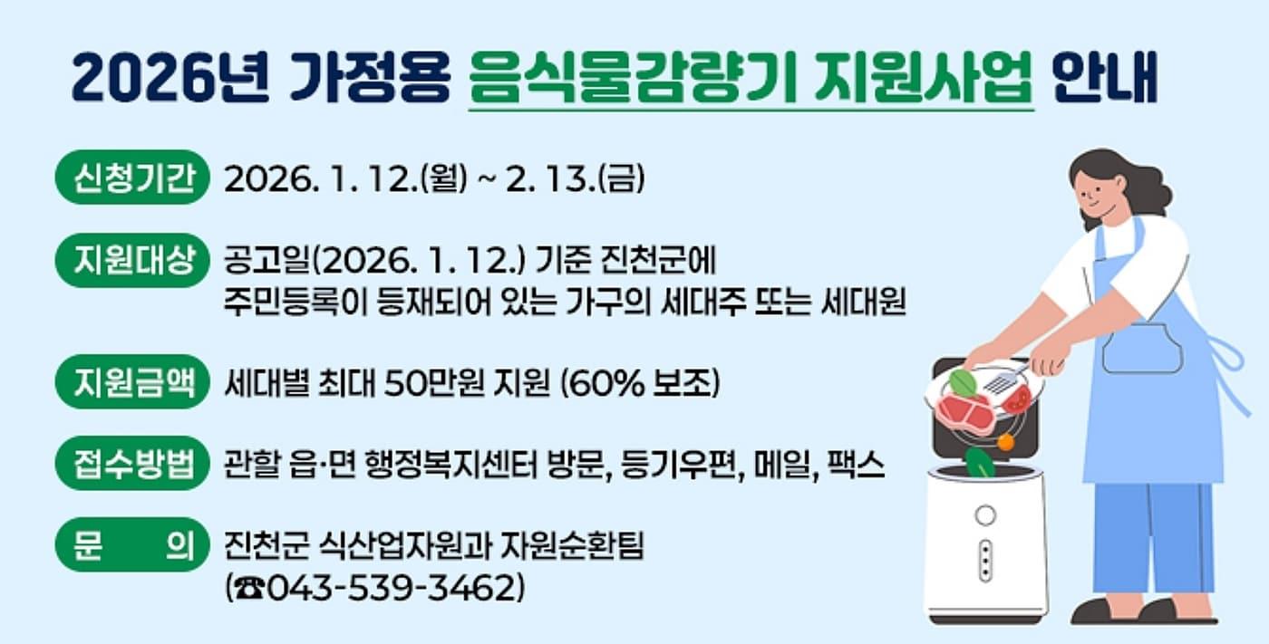 본문 이미지 - 충북 진천군 가정용 음식물 감량기 지원 안내문.(진천군 제공)/뉴스1