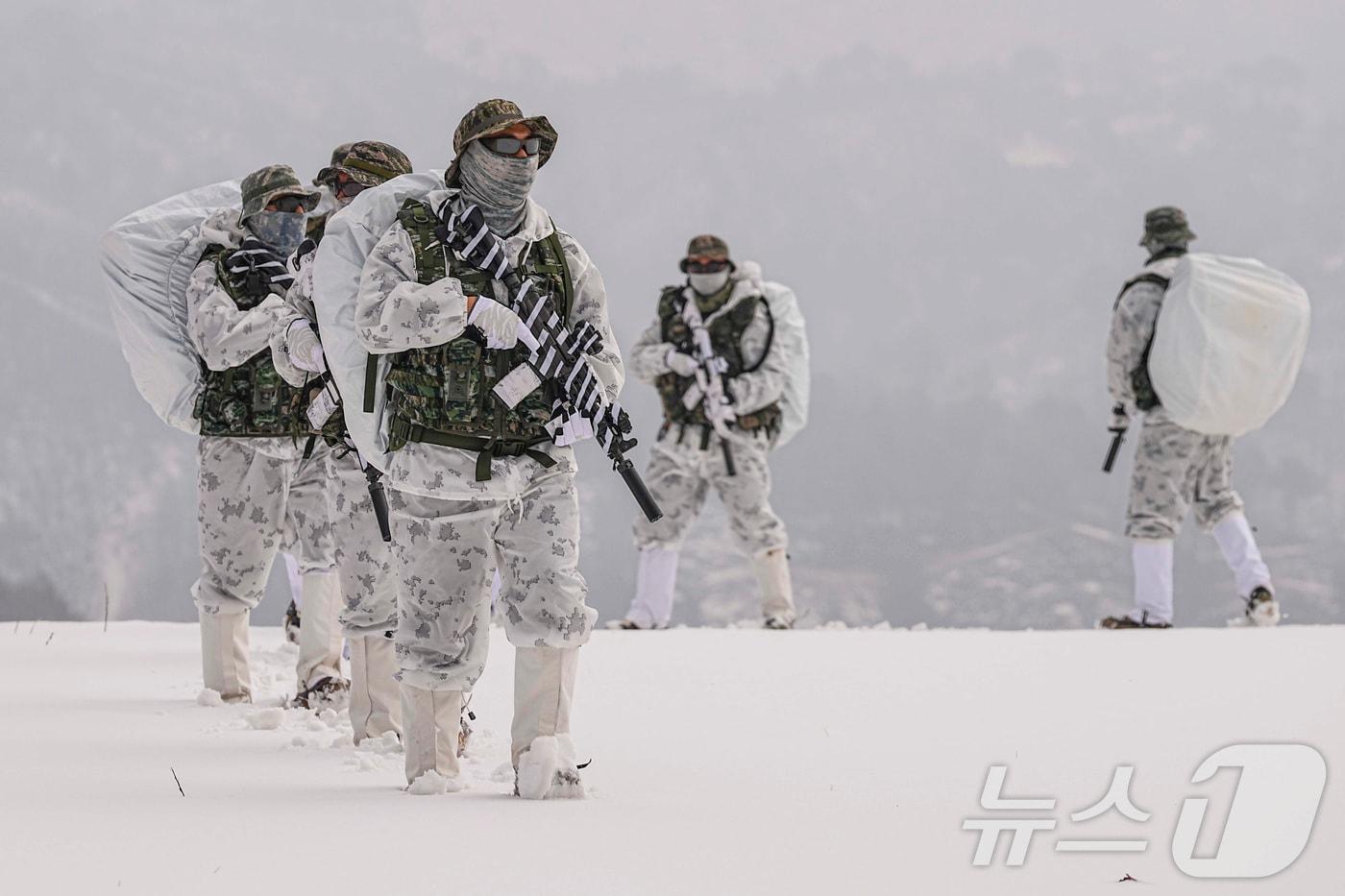 본문 이미지 - 해병대 특수수색여단은 지난 2일부터 2월 26일까지 강원 평창군 황병산 일대에서 2026년 동계 설한지 훈련’을 진행한다고 16일 밝혔다. 사진은 지난 15일 해병대 특수수색여단 장병들이 팀 단위 대형을 유지한 채 설상 기동 및 은밀 침투 훈련을 실시하고 있는 모습. (해병대 제공. 재판매 및 DB 금지) 2026.1.16/뉴스1