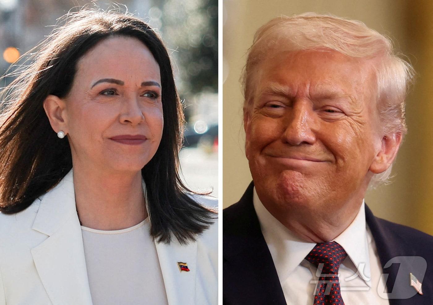 본문 이미지 - 도널드 트럼프 미국 대통령과의 회담을 위해 15일(현지시간) 워싱턴DC 백악관에 도착한 베네수엘라 야당 지도자 마리아 코리나 마차도(왼쪽)와 트럼프 대통령. 2026.1.15 ⓒ 로이터=뉴스1 ⓒ News1 김경민 기자