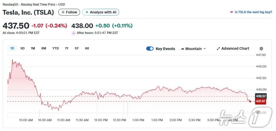 본문 이미지 - 테슬라 일일 주가추이 - 야후 파이낸스 갈무리