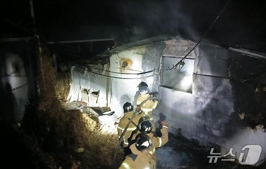 본문 이미지 - 17일 오후 7시 33분쯤 경북 의성 안계면의 한 돈사에서 원인을 알 수 없는 불이 나 소방관들이 진화하고 있다. (경북소방본부 제공. 재판매 및 DB 금지) 2026.1.17/뉴스1