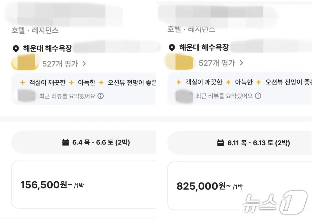 본문 이미지 - 숙박예약 플랫폼에서 조회한 해운대 소재 한 레지던스 호텔 가격. 1주일 만에 5배 넘게 올랐다. (여기어때 화면 갈무리. 재판매 및 DB금지)