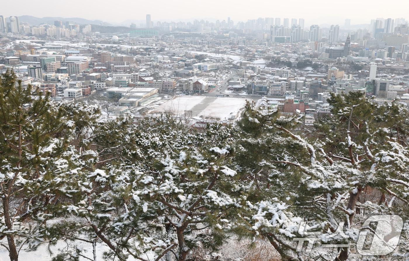 본문 이미지 - 간밤에 눈이 내린 19일 경기 수원시 팔달구 팔달산에서 바라본 수원 시내 곳곳이 눈으로 쌓여있다. 2026.1.19/뉴스1 ⓒ News1 김영운 기자