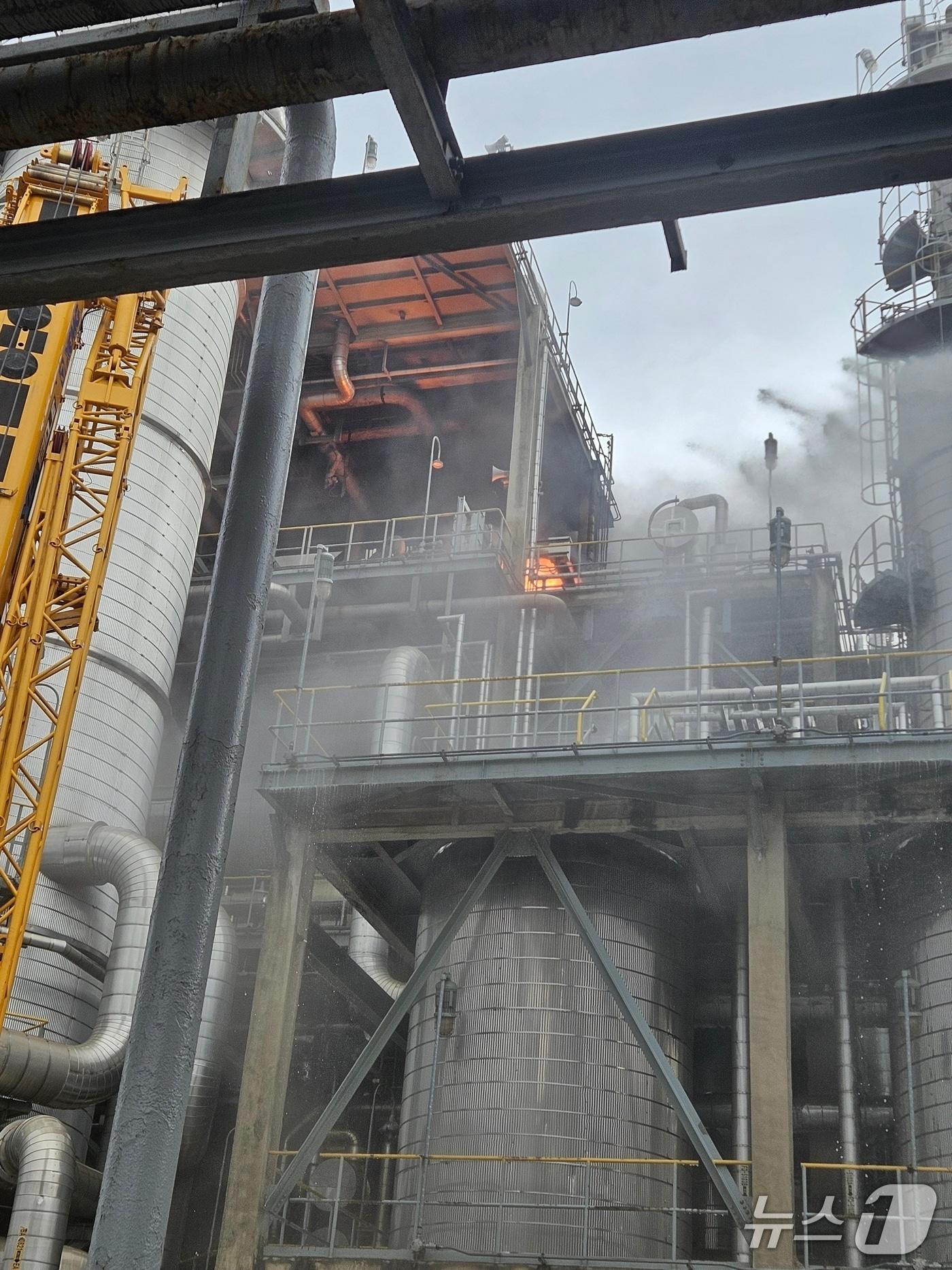 본문 이미지 - 19일 2시 15분쯤 여수국가산단 한 화학공장서 화재가 발생해 소방이 진화하고 있다. (전남소방본부 제공. 재판매 및 DB금지)