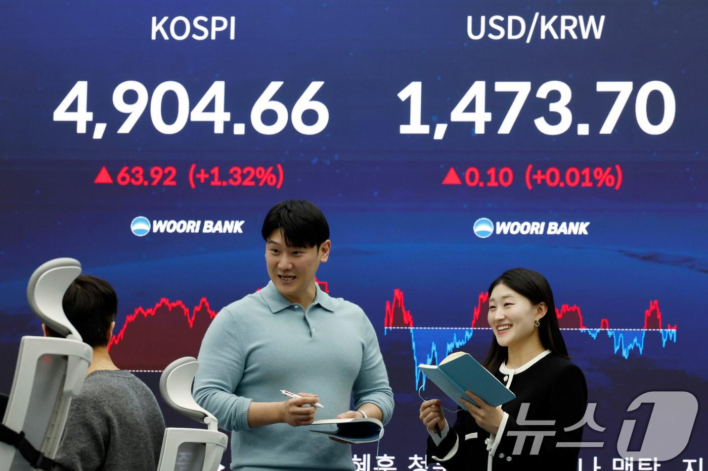 본문 이미지 - 전날인 19일 오후 서울 중구 우리은행 본점 딜링룸 전광판에 종가가 표시되고 있다. 오후 3시 30분 기준 서울외환시장에서 달러·원 환율은 전일 오후 3시 30분 주간종가 대비 0.1원 오른 1473.7원을 기록했다. 2026.1.19/뉴스1 ⓒ News1 박정호 기자