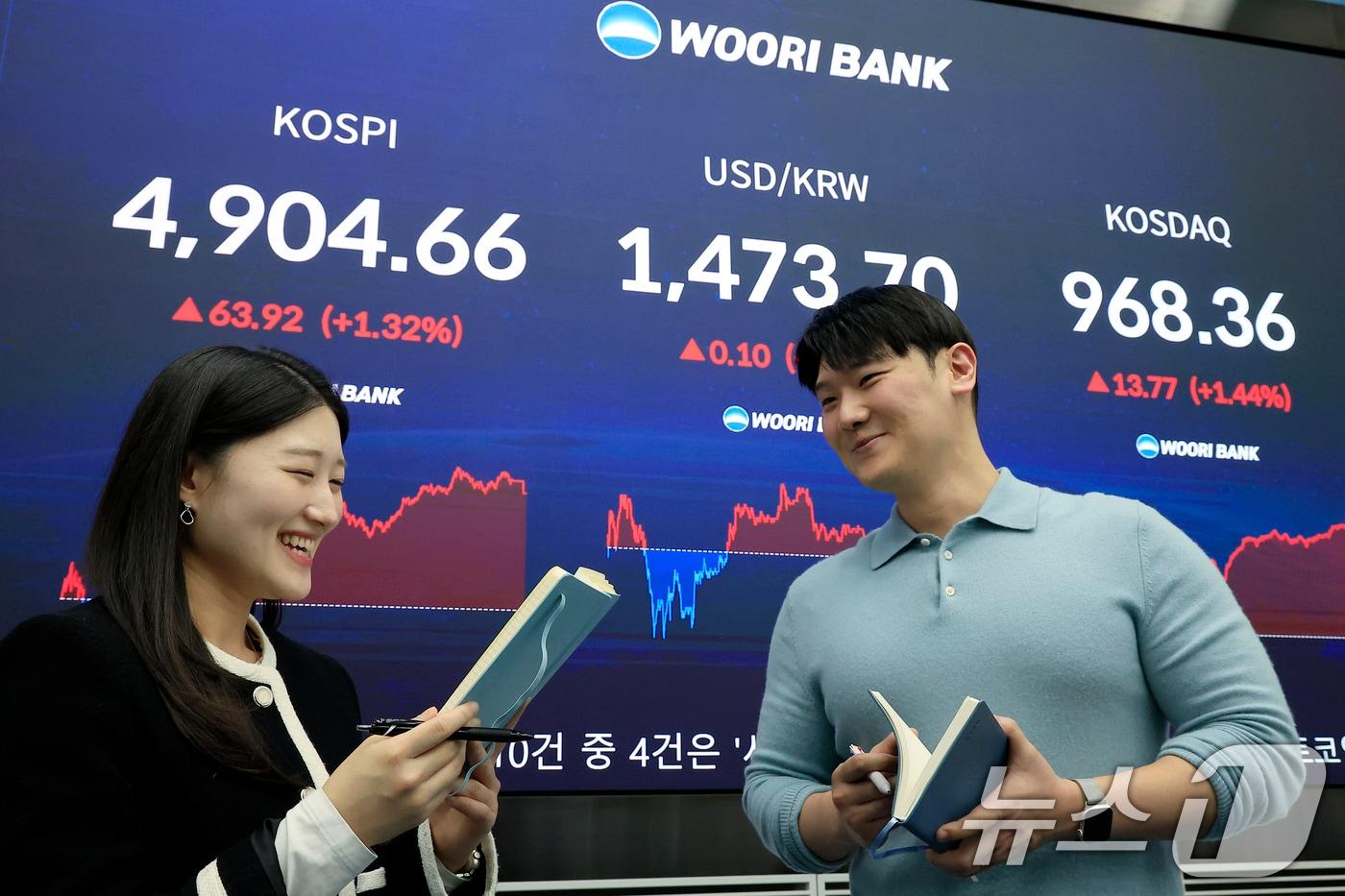 본문 이미지 - 19일 오후 서울 중구 우리은행 본점 딜링룸 전광판에 종가가 표시되고 있다. 2026.1.19/뉴스1 ⓒ News1 박정호 기자