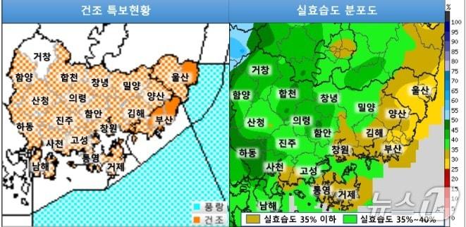 본문 이미지 - 기상청의 건조 특보현황 및 실효습도 분포도.