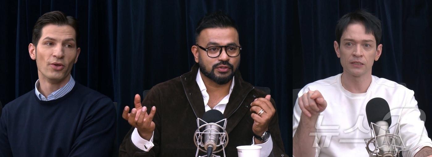 뉴스1의 <한국잘알 3인방의 관광수다>에서 얘기를 나누고 있는 방송인 알베르토 몬디(왼쪽부터), 럭키, 다니엘 린데만 ⓒ News1 정윤경 기자