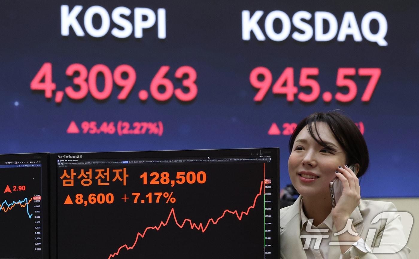 코스피가 새해 첫 거래일에 4300선을 돌파하며 사상 최고치를 경신한 2일 오후 서울 여의도 한국거래소 모니터에 삼성전자 주가가 표시되고 있다. 삼성전자는 전일 대비 7.17% 오른 12만8500원에 마감하며 신고가를 경신했다. 2026.1.2/뉴스1 ⓒ News1 오대일 기자
