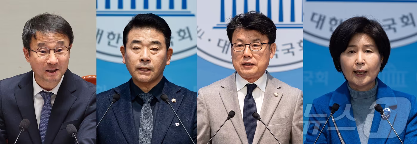 오는 11일 치러지는 더불어민주당 원내대표 보궐선거에 3선 의원 4파전 구도가 윤곽이 드러났다. 이미 출마를 선언한 진성준 의원에 이어 박정, 백혜련 의원이 2일 출마선언을 했다. 한병도 의원도 출사표를 던질 계획으로 알려졌다. 사진 왼쪽부터 한병도, 박정, 진성준, 백혜련 의원. 2026.1.2/뉴스1 ⓒ News1 이승배 기자,신웅수 기자,유승관 기자