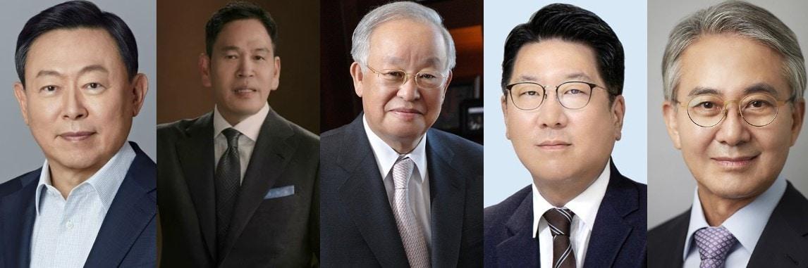 본문 이미지 - 사진왼쪽부터 신동빈 롯데그룹 회장, 정용진 신세계그룹 회장, 손경식 CJ그룹 회장, 정지선 현대백화점그룹 회장, 홍석조 BGF그룹 회장. (각 사 제공)