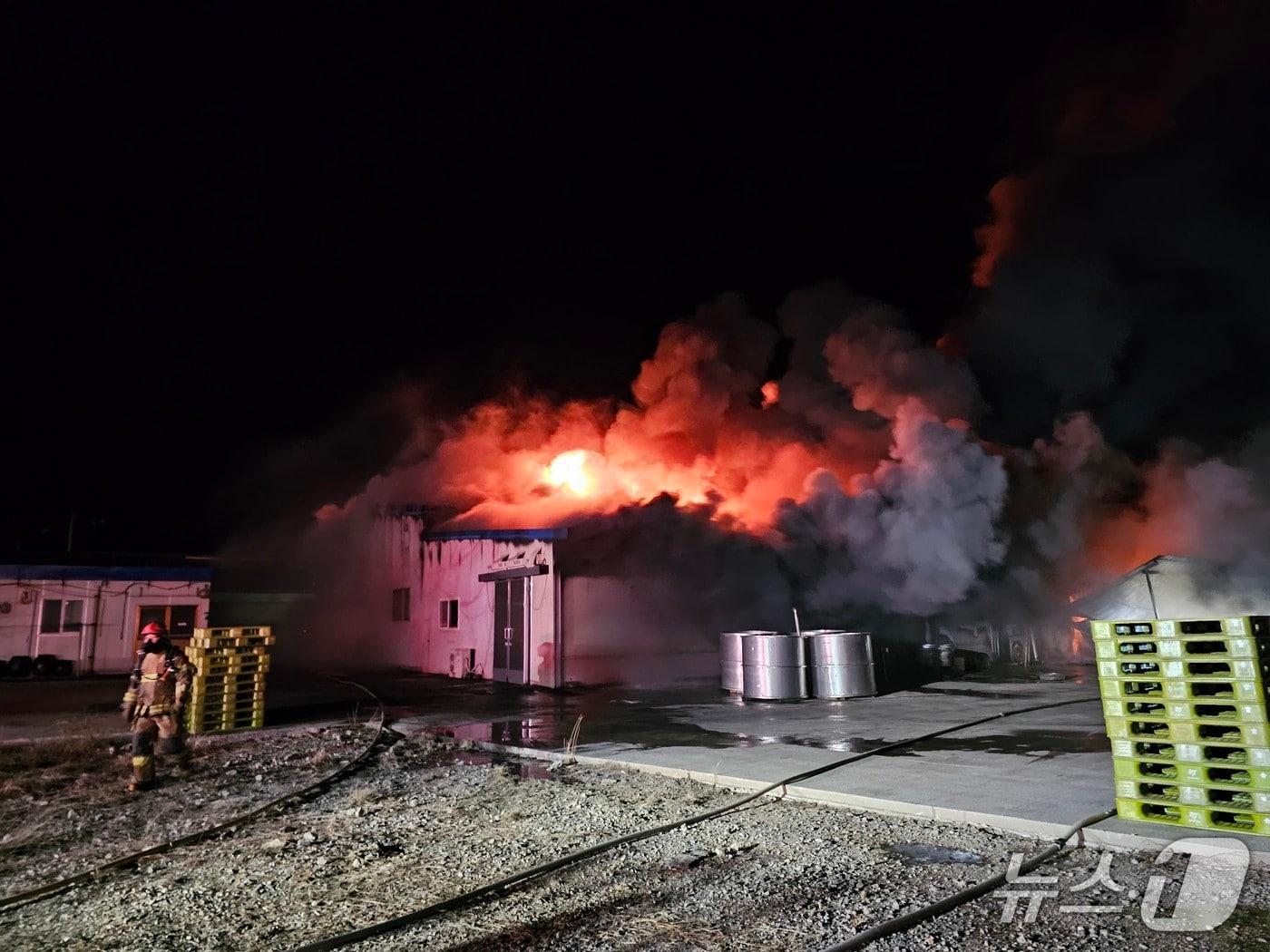 본문 이미지 - 20일 오전 2시 54분쯤 경북 의성군 금성면 청노리 한 식품공장에서 불이나 소방 당국이 진화하고 있다.(독자 제공)2026.1.20/뉴스1