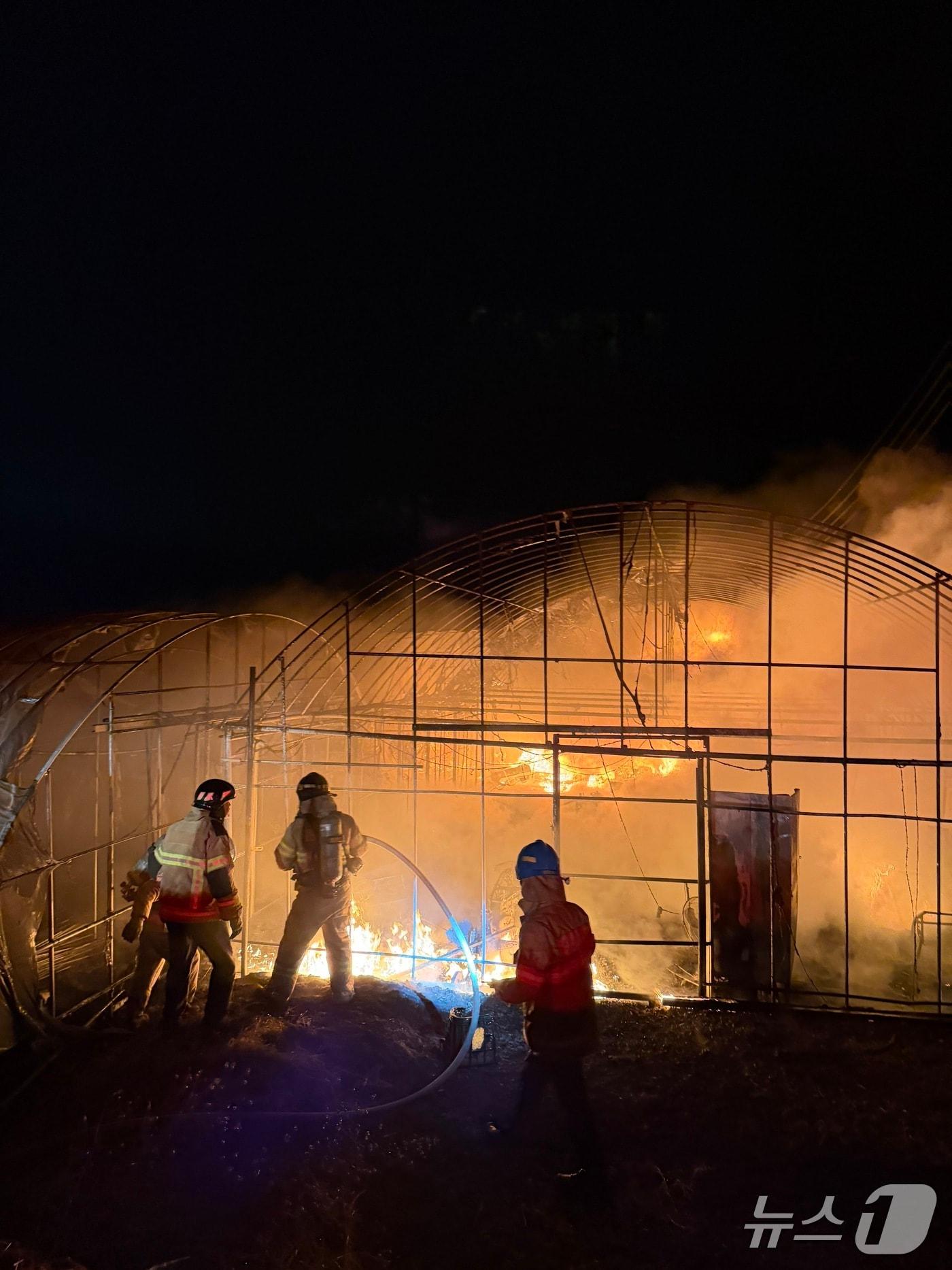 본문 이미지 - 20일 오전 4시 33분쯤 전남 나주 토마토 비닐하우스에서 화재가 발생해 소방당국이 진화 작업을 펼치고 있다. (전남소방본부 제공. 재판매 및 DB금지)