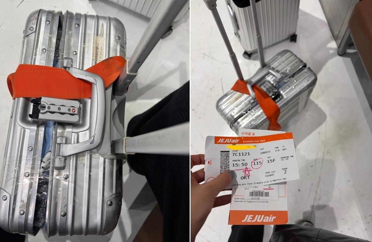 본문 이미지 - 해외 공항 도착 직후 심각하게 파손된 상태로 발견된 캐리어. 출처=보배드림