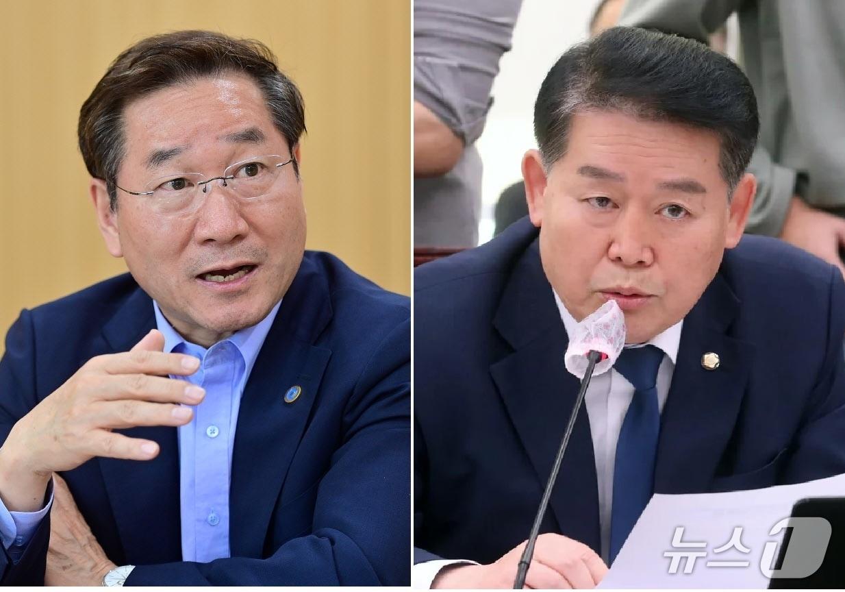 본문 이미지 - 재외동포청장의 서울 이전 검토를 둘러싼 유정복 인천시장(좌)과 김경협 재외동포청장(우) 간 갈등이 고조되고 있다. / 뉴스1 ⓒ News1
