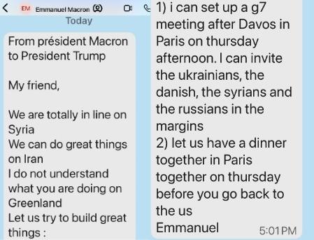 본문 이미지 - 에마뉘엘 마크롱 프랑스 대통령이 도널드 트럼프 미국 대통령에게 보낸 문자. (출처=트루스소셜)