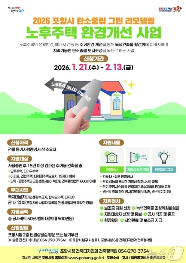 본문 이미지 - 경북 포항시가 주거환경 개선과 에너지 비용 절감을 위해 그린리모델링 지원사업을 추진한다.(포항시 제공, 재판매 및 DB금지) 2026.1.21/뉴스1 