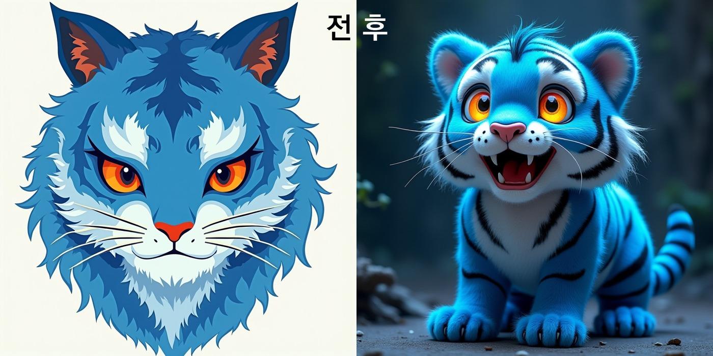 본문 이미지 - 인공지능이 호랑이 캐릭터를 학습하기 전의 작성 이미지(왼쪽)과 학습 후의 이미지