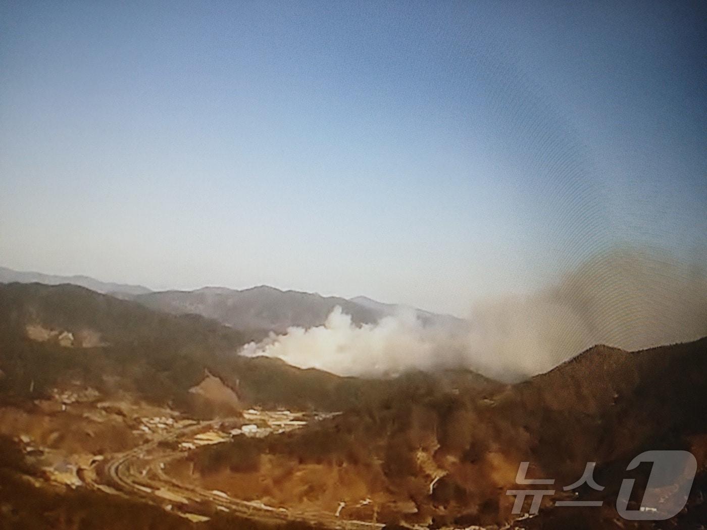 본문 이미지 - 21일 오후 3시 2분쯤 광양 옥곡면 백운산 자락서 불이 나 소방당국이 대응 1단계를 발령하고 화재를 진화하고 있다. (전남소방본부 제공. 재판매 및 DB금지) ⓒ News1 