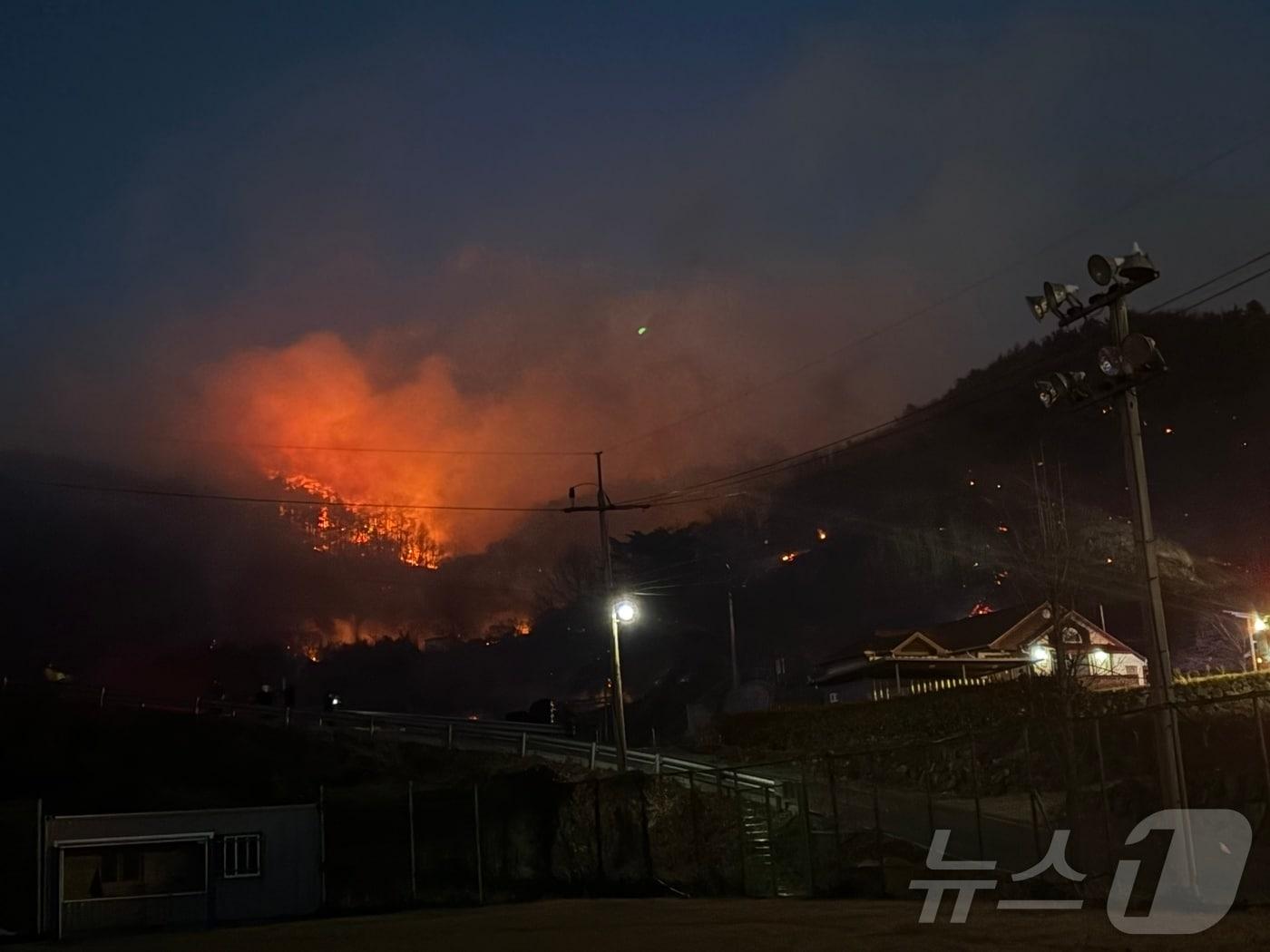 본문 이미지 - 21일 오후 3시 2분쯤 광양 옥곡면 백운산 자락서 불이 나 소방당국이 대응 2단계를 발령하고 화재를 진화하고 있다. 2026.1.21/뉴스1 ⓒ News1 김성준 기자