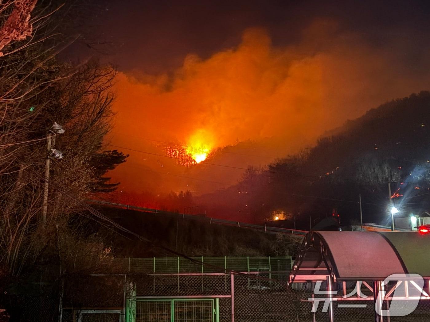 본문 이미지 - 21일 오후 3시 2분쯤 광양 옥곡면 백운산 자락서 난 산불이 야간까지 이어지면서 소방당국이 대응 2단계를 발령하고 진화에 총력을 다하고 있다. 2026.1.21/뉴스1 ⓒ News1 김성준 기자