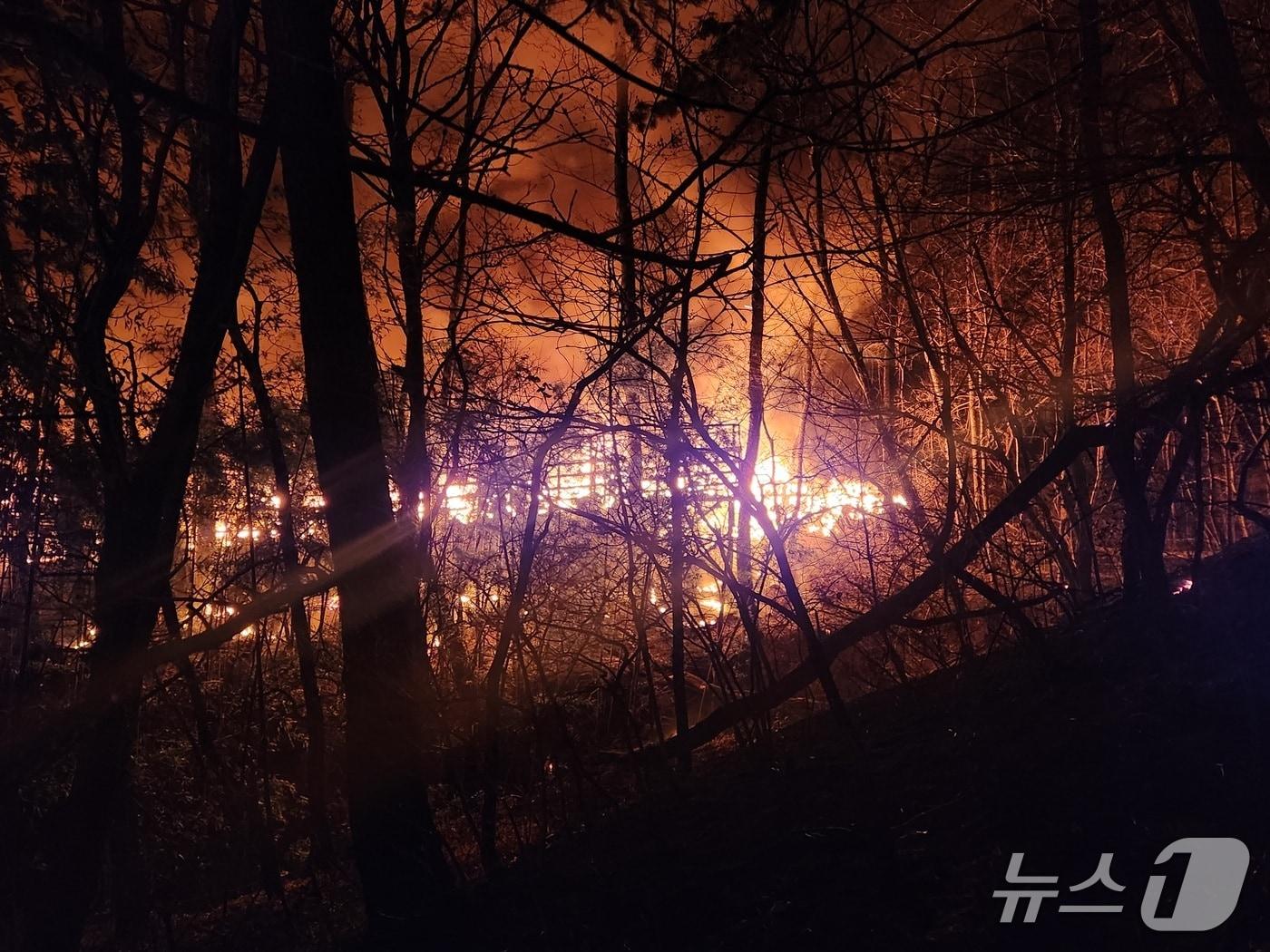 본문 이미지 - 21일 오후 7시 45분쯤 부산 기장군 기장읍 청강리의 한 공장에서 불이나 인근 야산으로 번졌다. 사진은 화재 현장 모습.(부산소방재난본부 제공. 재판매 및 DB금지)