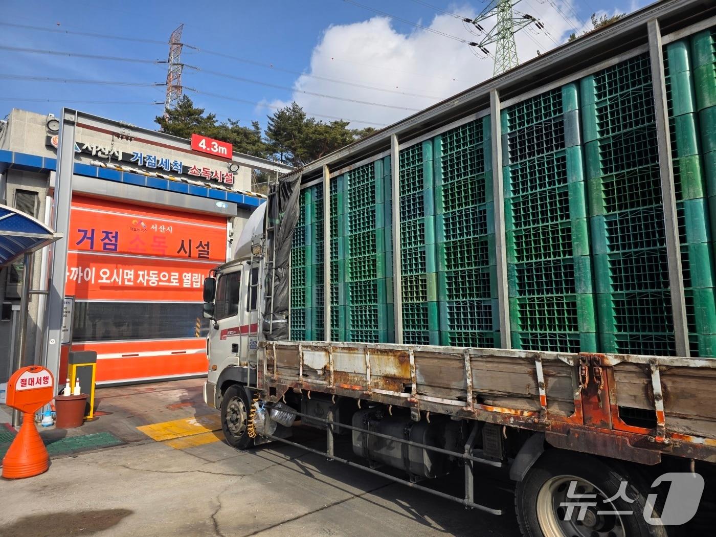 본문 이미지 - 축산차량이 소독을 위해 음암면에 있는 거점소독시설에서 대기하는 모습(서산시 제공. 재판매 및 DB금지)2026.1.22/뉴스1