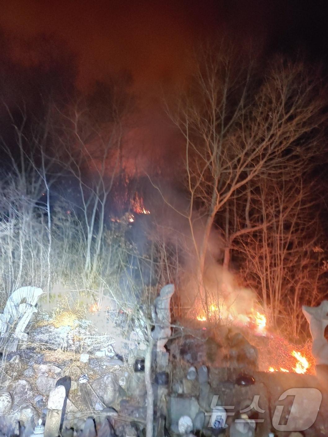 본문 이미지 - 22일 오후 8시 58분쯤 전남 곡성군 오산면 선세리의 한 주택에서 난 불이 산불로 확산,  소방 당국이 진화작업을 벌이고 있다.(전남소방 제공. 재판매 및 DB금지)2026.1.22/뉴스1 ⓒ News1 전원 기자
