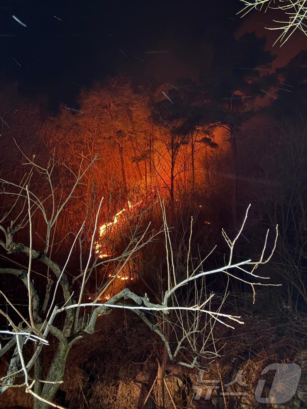 본문 이미지 - 22일 오후 8시 58분쯤 전남 곡성군 오산면 선세리의 한 주택에서 불이 나 산불로 확산된 가운데 소방당국이 진화작업을 벌이고 잇다.(전남소방 제공. 재판매 및 DB금지)2026.1.22/뉴스1 