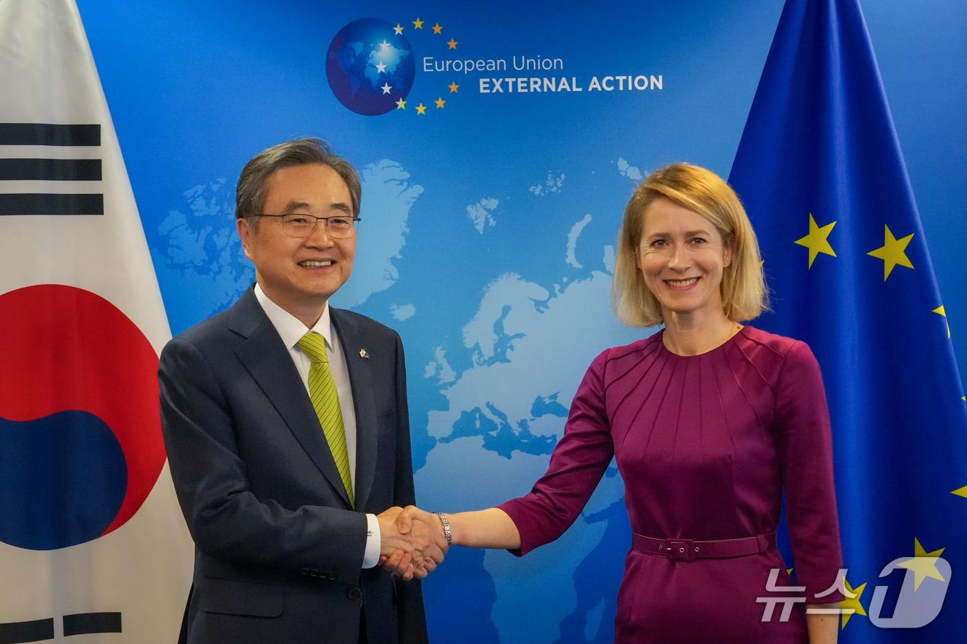 본문 이미지 - 조현 외교부 장관, 카야 칼라스 EU 외교안보 고위대표.(외교부 제공)