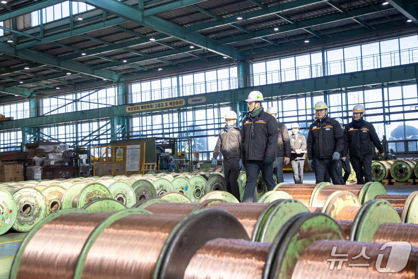 본문 이미지 - 김대헌 호반그룹 기획총괄사장(왼쪽 두번째)이 지난 22일 충남 당진 대한전선 당진 케이블공장을 찾아 설비 운영 현황을 점검하는 모습 (호반그룹 제공) 뉴스1 ⓒ News1