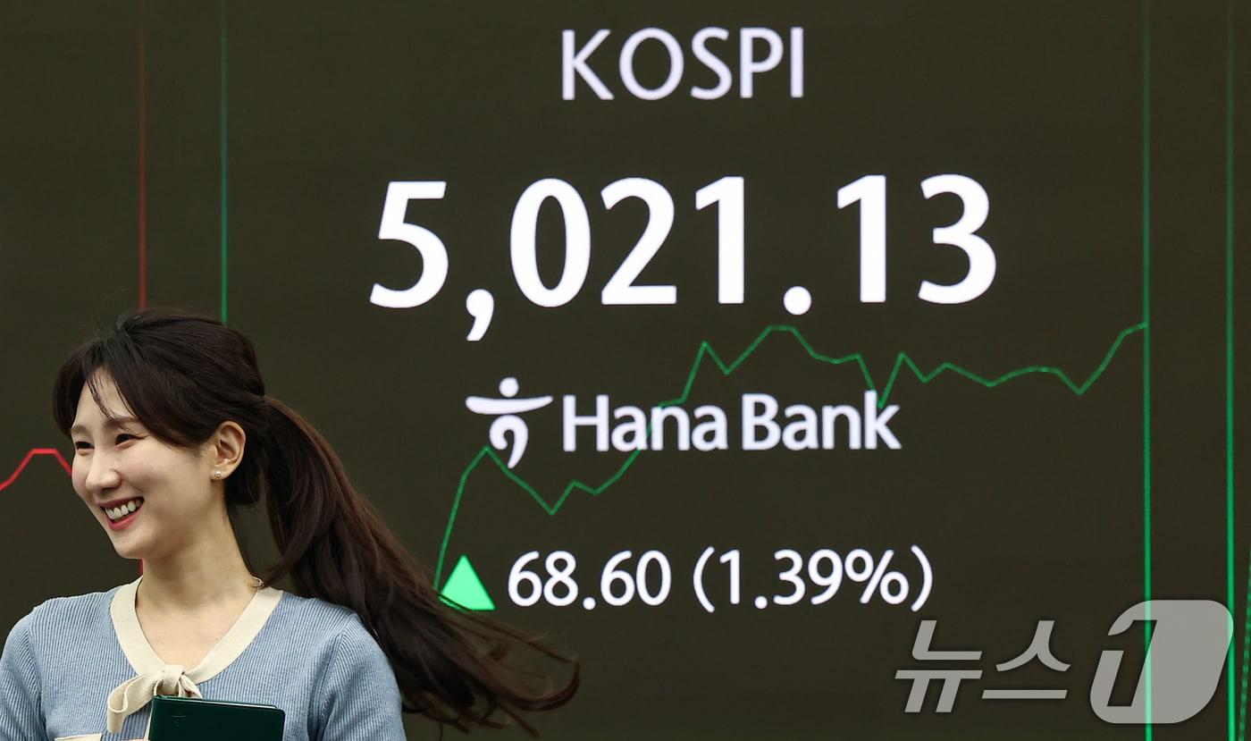 본문 이미지 - 23일 서울 중구 하나은행 딜링룸 전광판에 코스피 시황이 표시되고 있다.   2026.1.23/뉴스1 ⓒ News1 김도우 기자