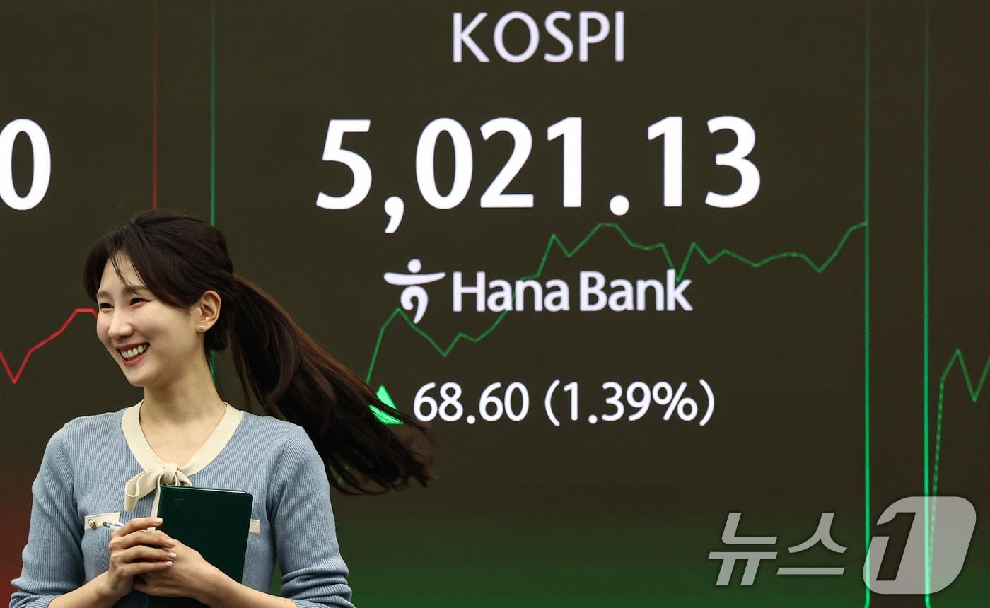 본문 이미지 - 23일 서울 중구 하나은행 딜링룸 전광판에 코스피 시황이 표시되고 있다. 이날 코스피는 전 거래일 대비 31.55p(0.64%) 오른 4952.53, 코스닥은에 6.80p(0.70%) 상승한 977.15에 거래를 시작했다. 2026.1.23/뉴스1 ⓒ News1 김도우 기자