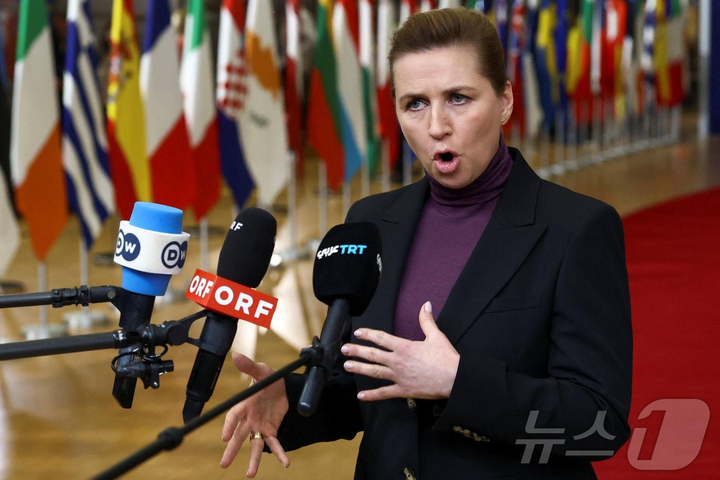 본문 이미지 - 메테 프레데릭센 덴마크 총리가 22일 벨기에 브뤼셀에서 유럽연합(EU) 특별 정상회의 전 기자들과 만나 그린란드 관련 발언을 하고 있다. 2026.1.22 ⓒ 로이터=뉴스1 ⓒ News1 강민경 기자