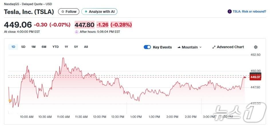 본문 이미지 - 테슬라 일일 주가추이 - 야후 파이낸스 갈무리