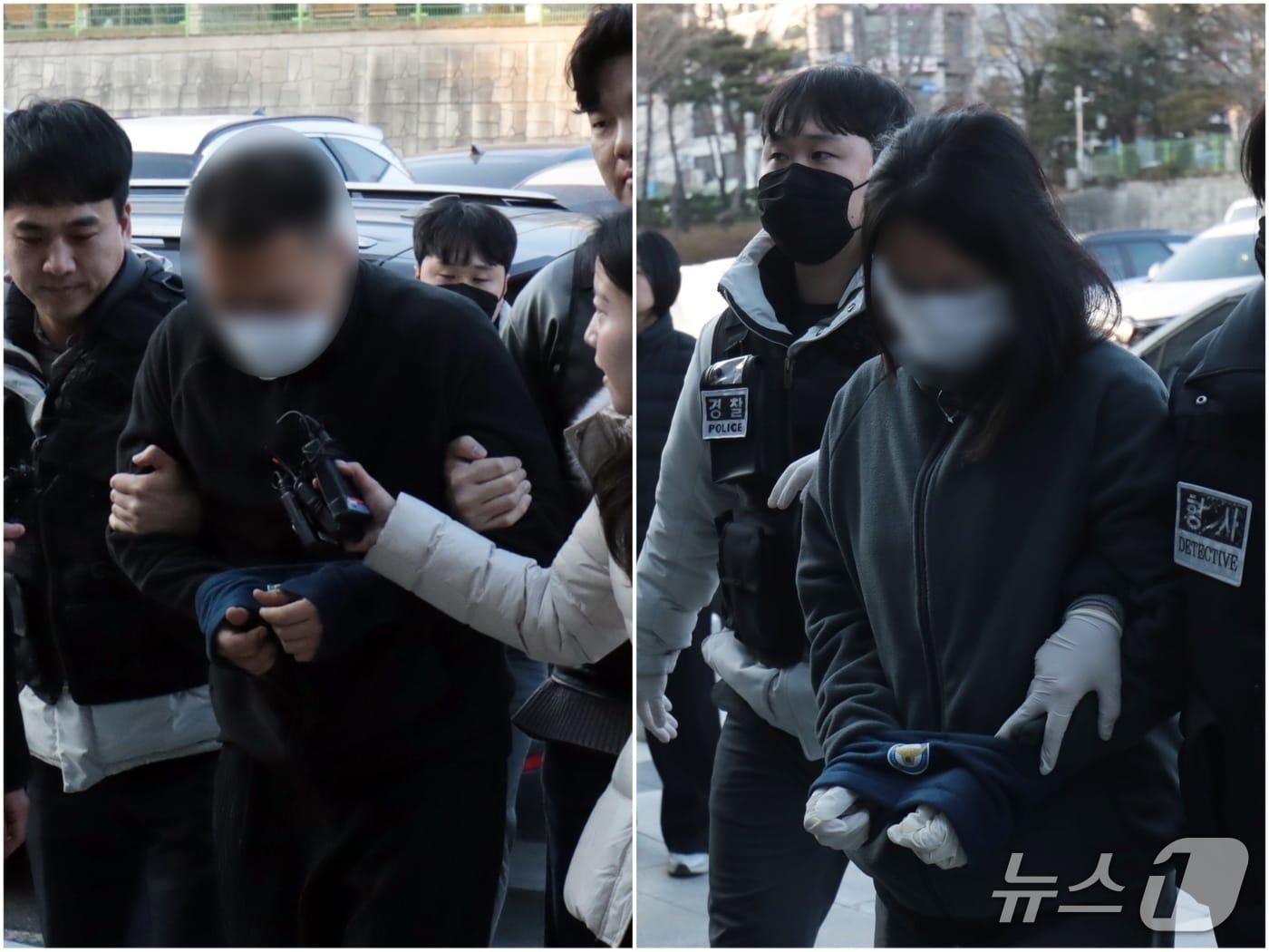 본문 이미지 - 캄보디아를 거점 삼아 120억원대 '로맨스스캠' 사기를 벌인 한국인 총책 부부가 지난 23일 울산경찰청으로 연행되고 있다.2026.1.23./뉴스1 ⓒ News1 김세은 기자