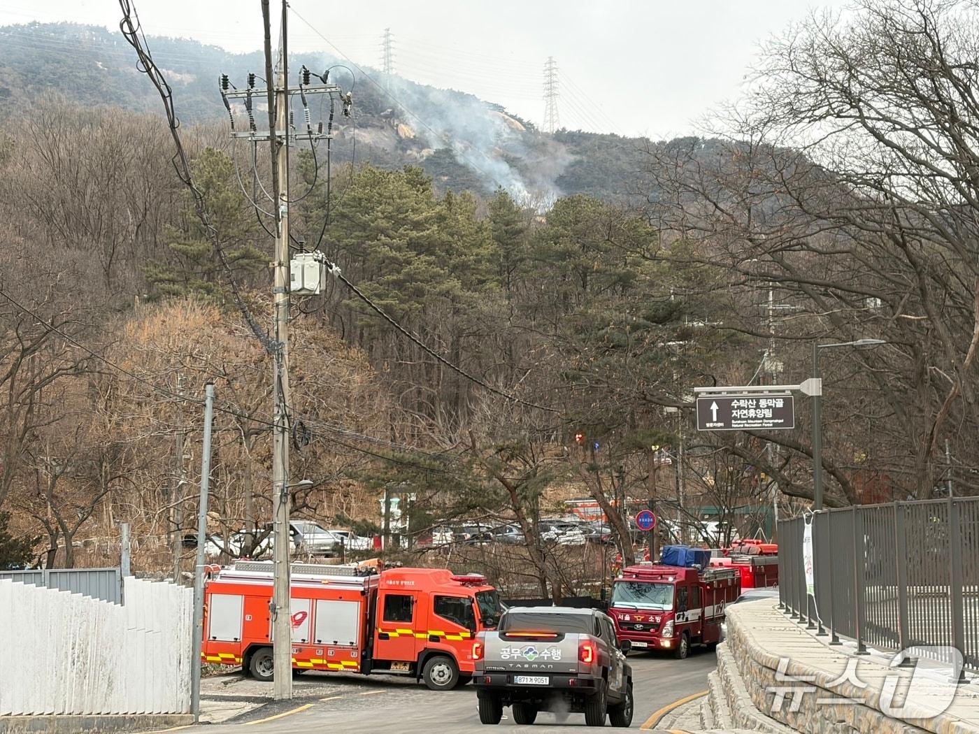 본문 이미지 - 서울 노원구 수락산에서 발생한 화재로 산 중턱에서 연기가 피어오르고 있다. 2026.1.26/뉴스1 ⓒ News1 김종훈 기자