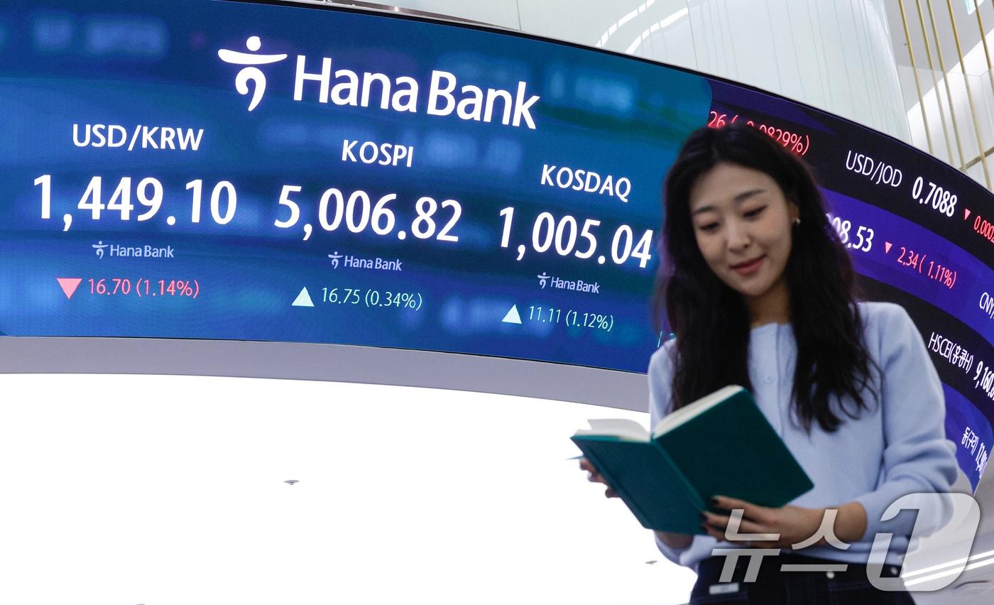본문 이미지 - 26일 오전 서울 중구 하나은행 딜링룸 전광판에 코스피, 코스닥, 원·달러 환율 시황이 나오고 있다. 이날 코스닥 지수가 4년 만에 '천스닥'을 돌파, 1% 오른 1003.9에 출발했다. 코스피는 7.47p(0.15%) 오른 4997.54, 달러·원 환율은 19.7원 내린 1446.1원에 출발했다. 2026.1.26/뉴스1 ⓒ News1 안은나 기자