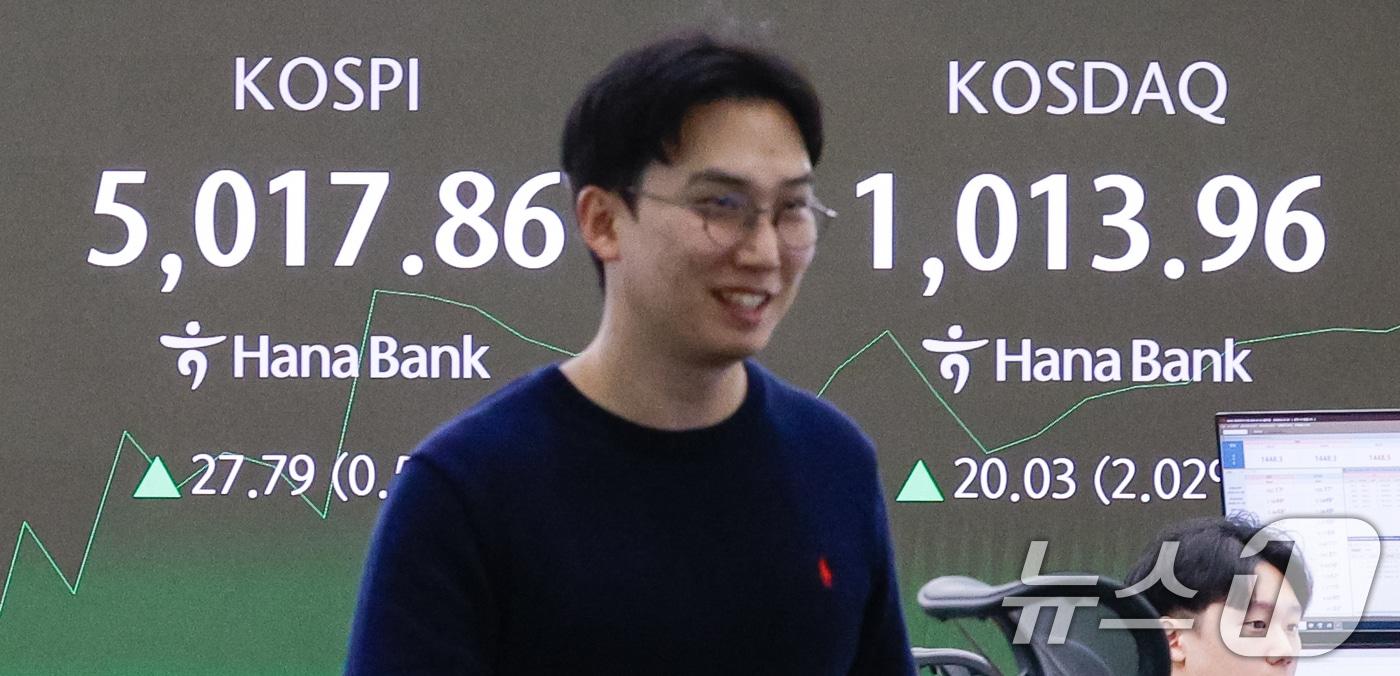 본문 이미지 - 26일 오전 서울 중구 하나은행 딜링룸 전광판에 코스피, 코스닥 시황이 나오고 있다. 이날 코스닥 지수가 4년 만에 '천스닥'을 돌파, 1% 오른 1003.9에 출발했다. 코스피는 7.47p(0.15%) 오른 4997.54, 달러·원 환율은 19.7원 내린 1446.1원에 출발했다. 2026.1.26/뉴스1 ⓒ News1 안은나 기자