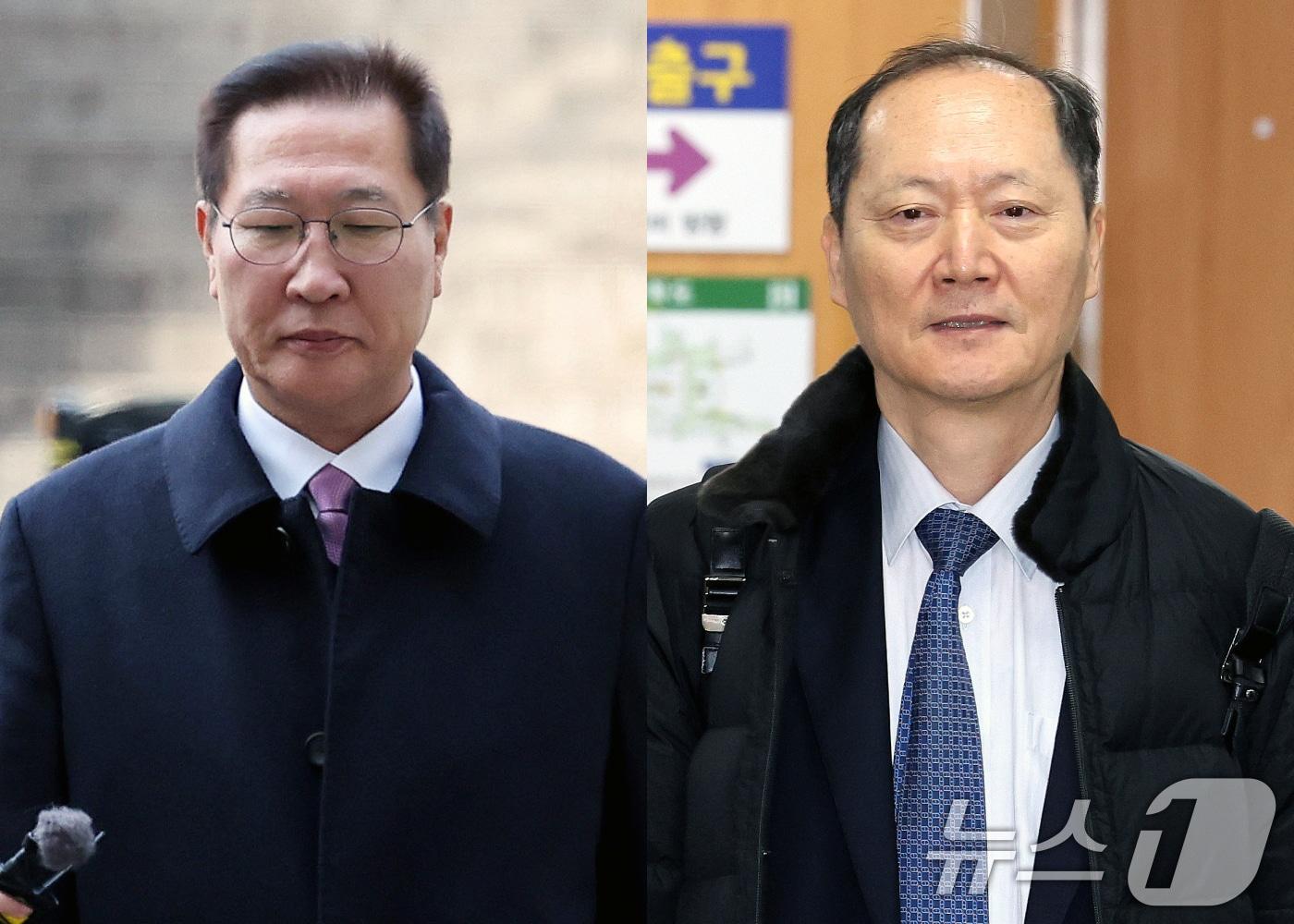 본문 이미지 - 내란 가담 혐의로 기소된 박성재 전 법무부 장관(왼쪽)과 국회증언감정법 위반 혐의로 기소된 이완규 전 법제처장이 26일 오후 서울 서초구 서울중앙지법에서 열린 내란 중요임무 종사 및 직권남용, 부정청탁금지법 위반 혐의 사건의 첫 공판 기일에 출석하고 있다. (공동취재)2026.1.26/뉴스1 ⓒ News1 박지혜 기자