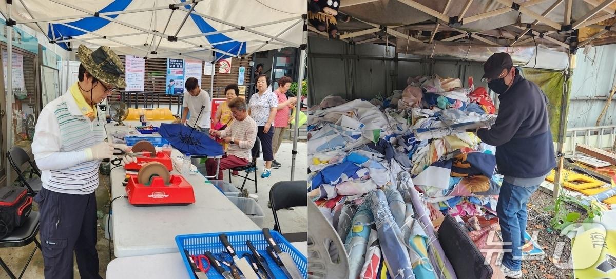 본문 이미지 - 지난해 지역공동체 일자리(칼갈이, 폐현수막 재생사업)에 참여 중인 주민들(관악구청 제공)